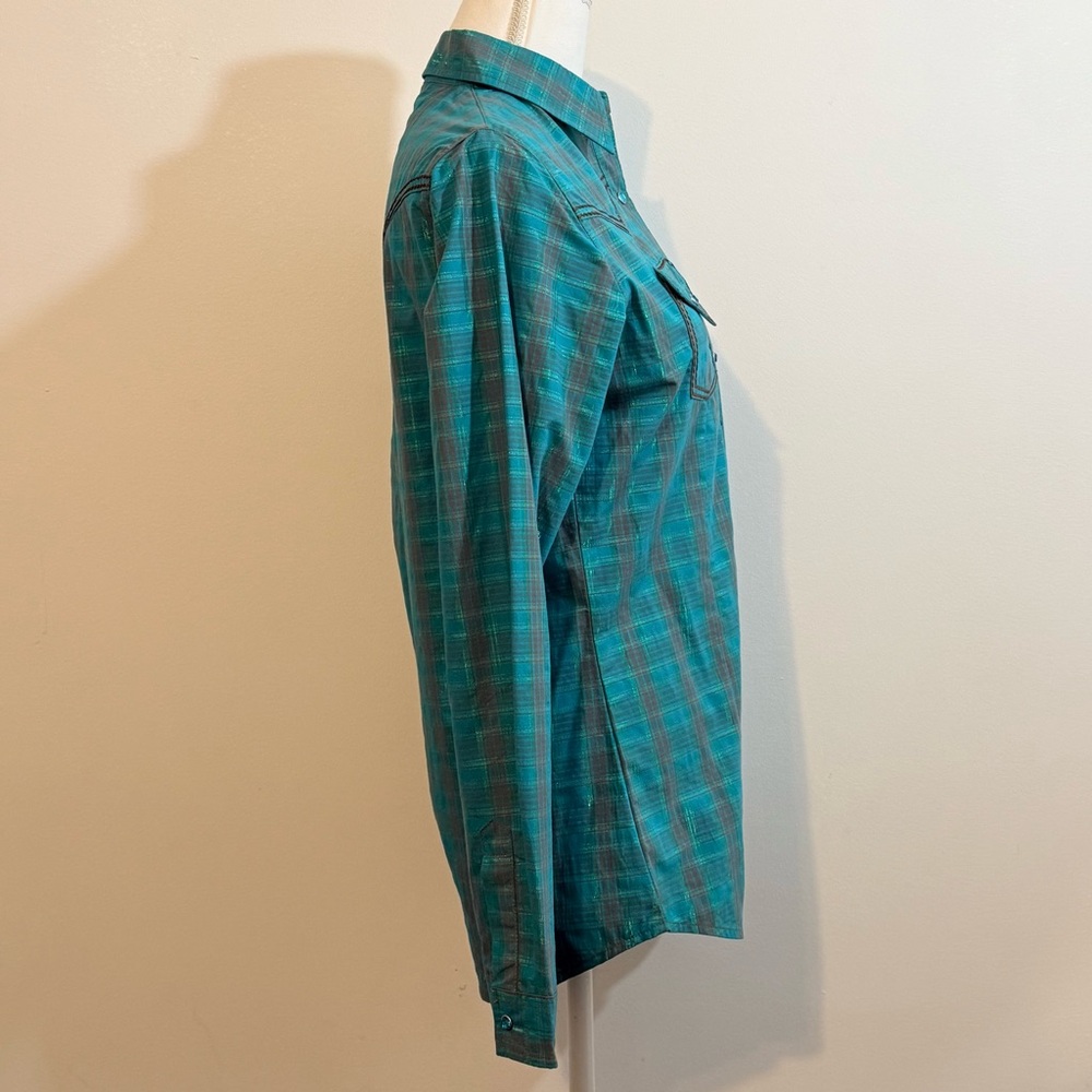 Rock 47 by Wrangler Teal Plaid Western Snap Button Shirt — Size Medium - Picture 2 of 11